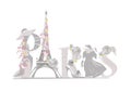 Paris lettering decorated with flowers, fashion dresses, hats and shoes.